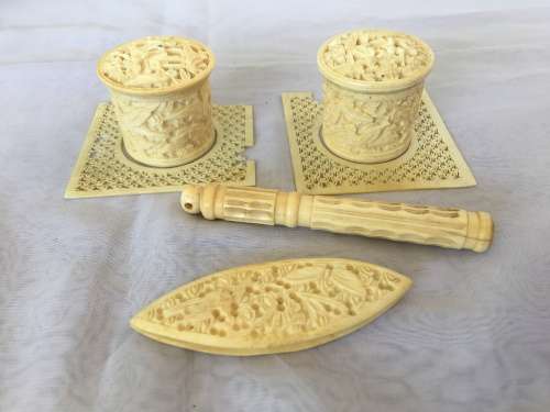 Lot Antique Chinese Carved Ivorine/Bone Sewing Tools, Threader,Needle Holder & Thread Containers.