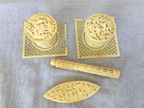 Lot Antique Chinese Carved Ivorine/Bone Sewing Tools, Threader,Needle Holder & Thread Containers.