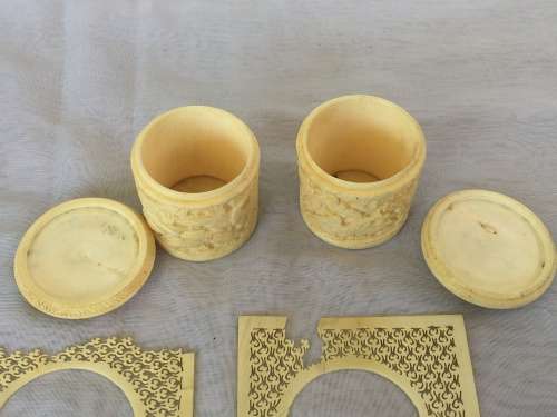 Lot Antique Chinese Carved Ivorine/Bone Sewing Tools, Threader,Needle Holder & Thread Containers.