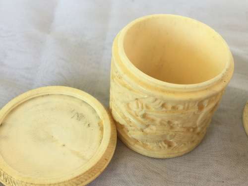 Lot Antique Chinese Carved Ivorine/Bone Sewing Tools, Threader,Needle Holder & Thread Containers.