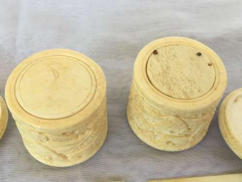 Lot Antique Chinese Carved Ivorine/Bone Sewing Tools, Threader,Needle Holder & Thread Containers.