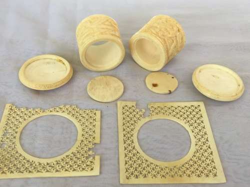 Lot Antique Chinese Carved Ivorine/Bone Sewing Tools, Threader,Needle Holder & Thread Containers.