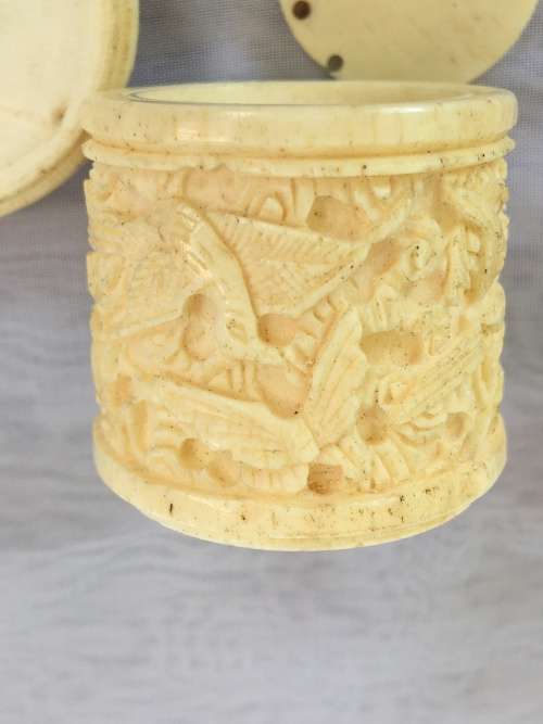 Lot Antique Chinese Carved Ivorine/Bone Sewing Tools, Threader,Needle Holder & Thread Containers.