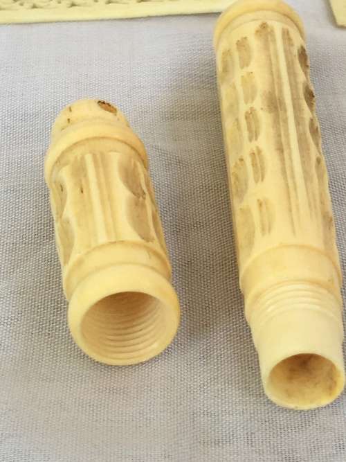 Lot Antique Chinese Carved Ivorine/Bone Sewing Tools, Threader,Needle Holder & Thread Containers.
