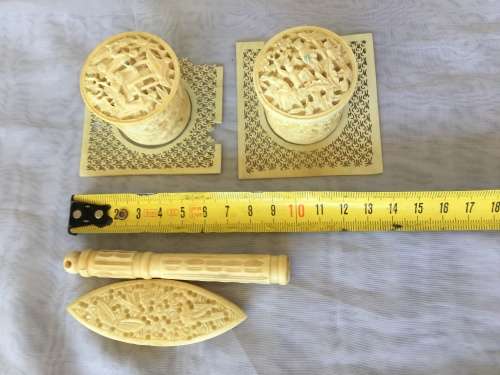 Lot Antique Chinese Carved Ivorine/Bone Sewing Tools, Threader,Needle Holder & Thread Containers.