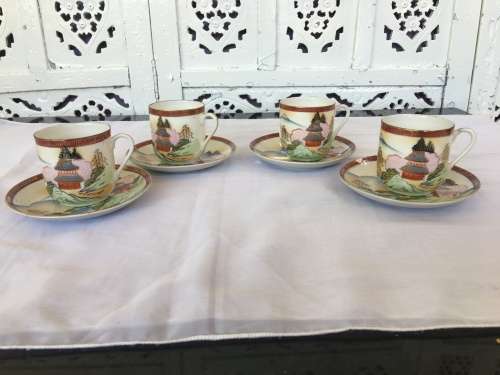 Lot Oriental Ritz China Hand Painted Marked Geisha Lithophane Demitasse Cups & Saucers