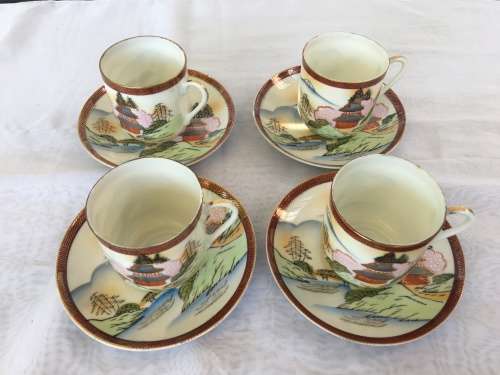 Lot Oriental Ritz China Hand Painted Marked Geisha Lithophane Demitasse Cups & Saucers