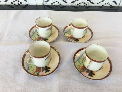 Lot Oriental Ritz China Hand Painted Marked Geisha Lithophane Demitasse Cups & Saucers