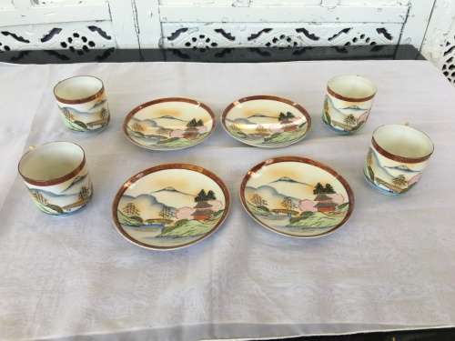 Lot Oriental Ritz China Hand Painted Marked Geisha Lithophane Demitasse Cups & Saucers