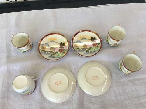 Lot Oriental Ritz China Hand Painted Marked Geisha Lithophane Demitasse Cups & Saucers