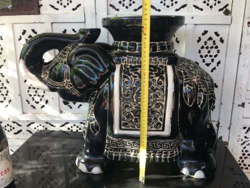 Antique Chinese Pierced Ceramic Black and White Round Top Garden Elephant stool/plant stand