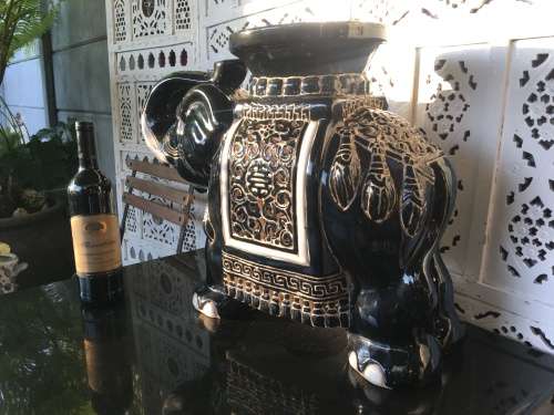 Antique Chinese Pierced Ceramic Black and White Round Top Garden Elephant stool/plant stand