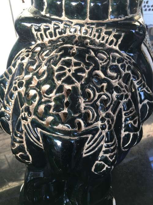 Antique Chinese Pierced Ceramic Black and White Round Top Garden Elephant stool/plant stand