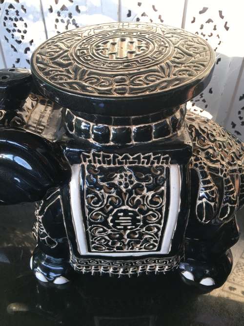 Antique Chinese Pierced Ceramic Black and White Round Top Garden Elephant stool/plant stand