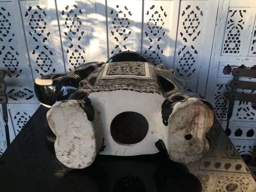 Antique Chinese Pierced Ceramic Black and White Round Top Garden Elephant stool/plant stand