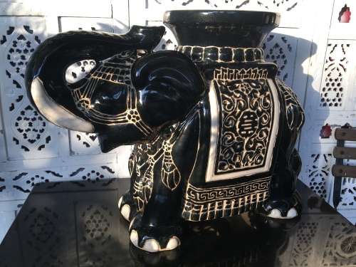 Antique Chinese Pierced Ceramic Black and White Round Top Garden Elephant stool/plant stand