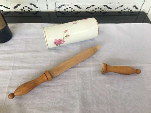 Vintage Porelain Floral Rolling Pin with detachable wooden handles. Numbered 13683