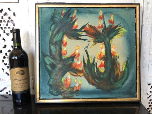 INVESTMENT ART !! PETER CLARKE (1929 - 2014) OIL ON CANVAS OF THISTLES DATED 1982 - MOUNTED TO BOARD