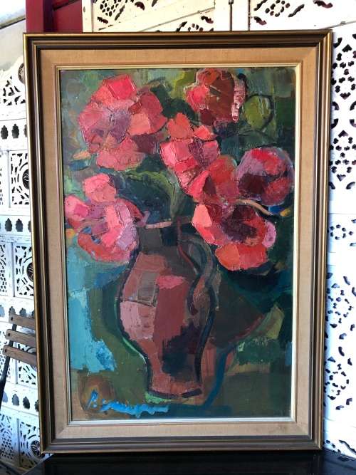 WOW !!! STUNNING LARGE FRAMED PALETTE OIL ON BOARD SIGNED PAINTING - STILL LIFE OF FLOWERS