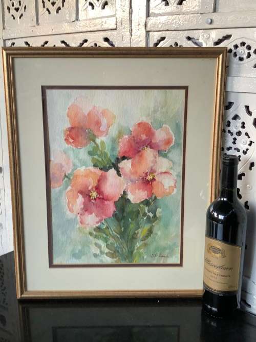 BEAUTIFUL WATERCOLOUR PAINTING STILL LIFE OF  FLOWERS BY BERYL JOHNSEN - NEATLY FRAMED BEHIND GLASS
