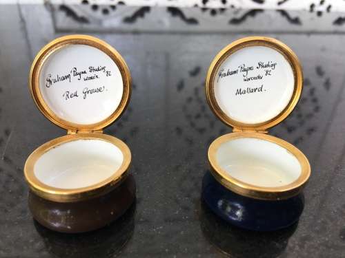 Graham Payne Studio Worc's 1982 Enamelled Hand Painted Pill Boxes Red Grouse & Mallard