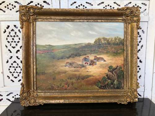 WOW !!! AMAZING OLD FRAMED OIL ON CANVAS BOARD PAINTING OF PARTRIDGE'S BY G FALKNER 1951