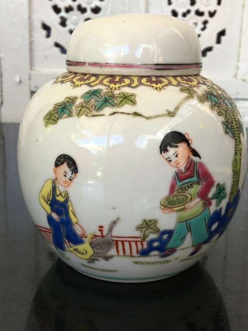 Chinese Mid 1900s Marked Hand Painted Enamel Lidded Ginger Jar. Children in the garden Feeding ducks