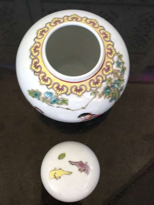 Chinese Mid 1900s Marked Hand Painted Enamel Lidded Ginger Jar. Children in the garden Feeding ducks