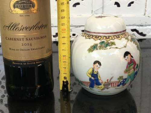 Chinese Mid 1900s Marked Hand Painted Enamel Lidded Ginger Jar. Children in the garden Feeding ducks