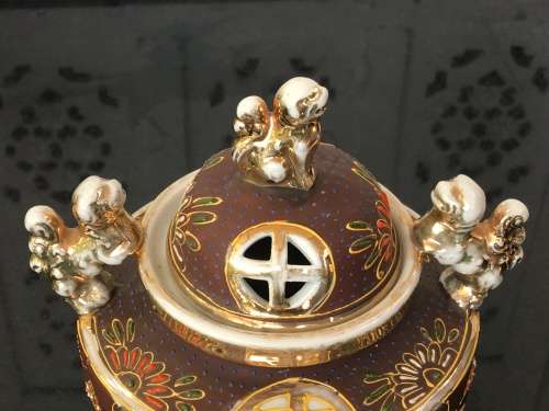 Lovely Old Japanese Satsuma Moriage Tripod Porcelain Lidded Incense Burner With Foo Lions