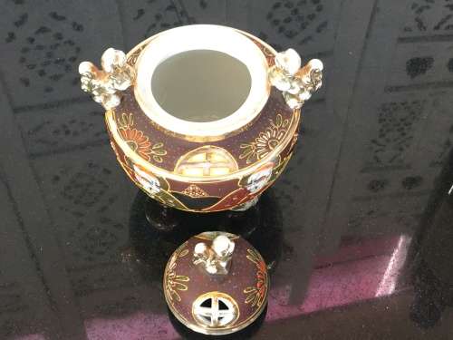 Lovely Old Japanese Satsuma Moriage Tripod Porcelain Lidded Incense Burner With Foo Lions