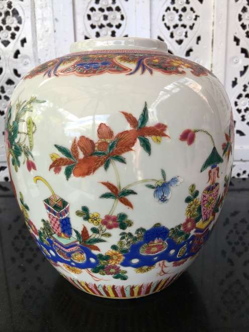 Large Chinese Antique Marked Yongsheng and Double Blue Ring, Enamel Hand Pinted Porcelain Ginger Jar