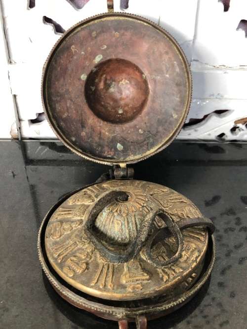 FANTASTIC FIND , LARGE ANTIQUE TIBETAN TINGSHAS OR CYMBALS IN THE ORIGINAL CASE - READ DESCRIPTION