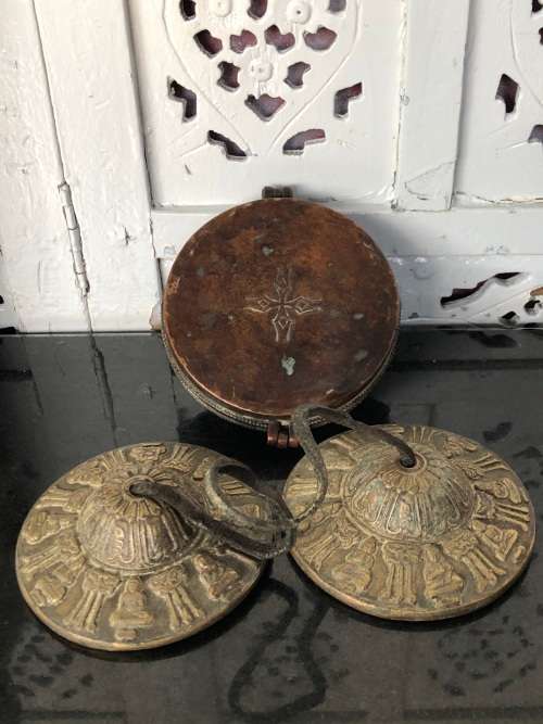 FANTASTIC FIND , LARGE ANTIQUE TIBETAN TINGSHAS OR CYMBALS IN THE ORIGINAL CASE - READ DESCRIPTION