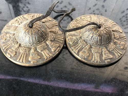 FANTASTIC FIND , LARGE ANTIQUE TIBETAN TINGSHAS OR CYMBALS IN THE ORIGINAL CASE - READ DESCRIPTION