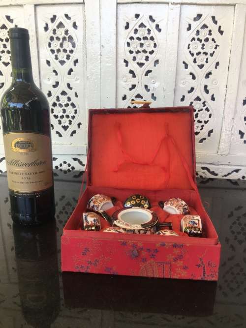 Vintage Chinese Embroidered Gift Boxed Hand Painted Enamel Miniature Tea Set 8 Piece