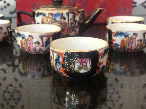 Vintage Chinese Embroidered Gift Boxed Hand Painted Enamel Miniature Tea Set 8 Piece