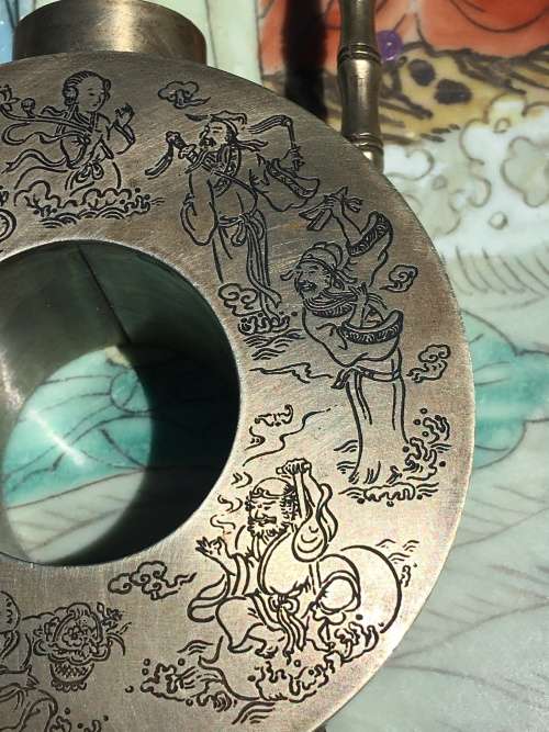 Qing Marked Silver Alloy Moon Flask Tea Pot Depicticting Etched Art of The 8 Immortals and Poem