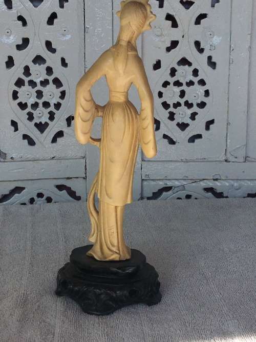 Old Resin Carved Eastern Female Deity. Signed on back lower dress and  inside under base 28cm
