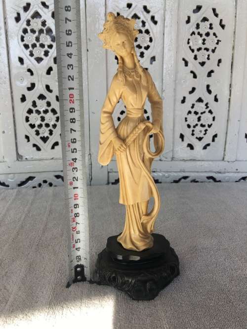 Old Resin Carved Eastern Female Deity. Signed on back lower dress and  inside under base 28cm