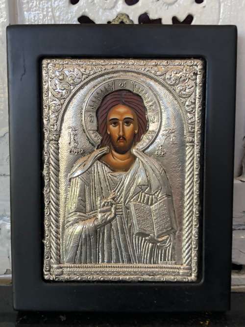 950 HALLMARKED SILVER CLARTE GREEK BYZANTINE ICON OF JESUS CHRIST - CERTIFICATE ON THE BACK