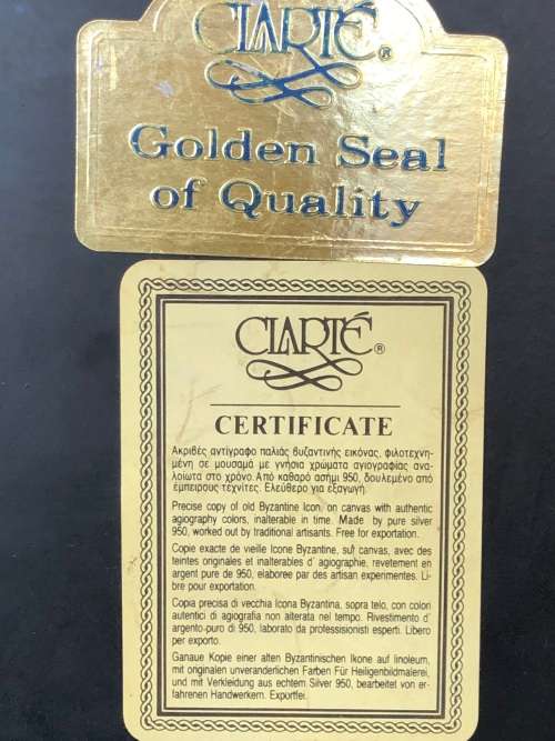 950 HALLMARKED SILVER CLARTE GREEK BYZANTINE ICON OF JESUS CHRIST - CERTIFICATE ON THE BACK
