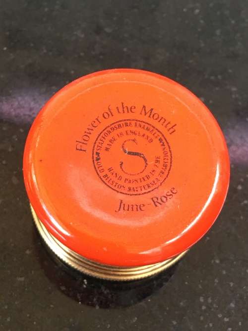 Staffordshire Enamels Old Bilston Battersea Traditional Pill Box, Flower of the Month `June-Rose`