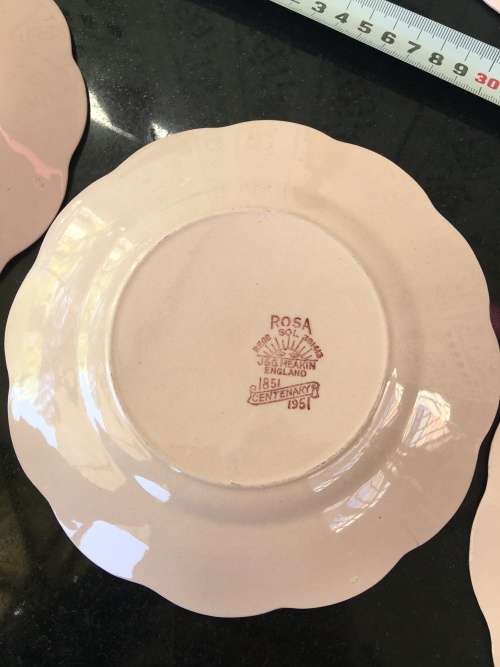 Delightful Pink 6 Piece Tableware Plates Ribbed Edg- Marked Rosa Reg Sol JandG Meakin England