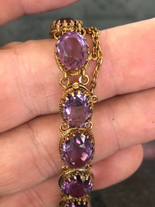 BERNHARD HERTZ DANISH JEWELRY DESIGNER VICTORIAN GILT SILVER AND AMETHYST BRACELET DATED 1895