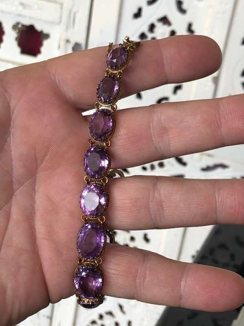 BERNHARD HERTZ DANISH JEWELRY DESIGNER VICTORIAN GILT SILVER AND AMETHYST BRACELET DATED 1895