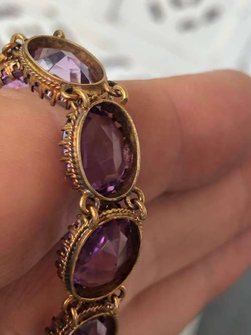 BERNHARD HERTZ DANISH JEWELRY DESIGNER VICTORIAN GILT SILVER AND AMETHYST BRACELET DATED 1895