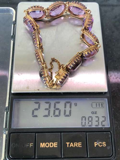 BERNHARD HERTZ DANISH JEWELRY DESIGNER VICTORIAN GILT SILVER AND AMETHYST BRACELET DATED 1895