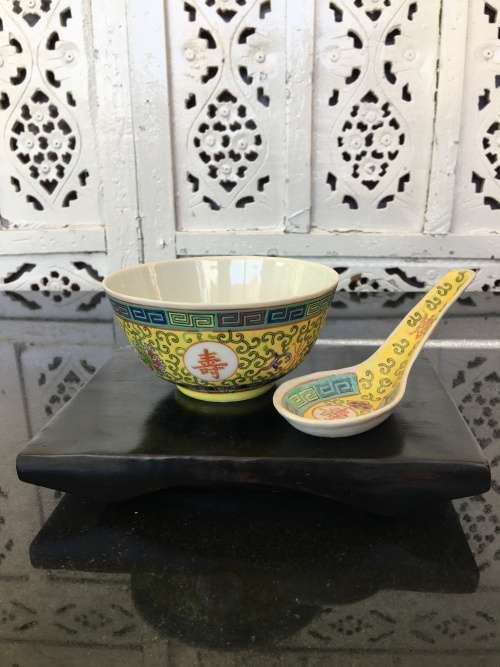 MID 1900s CHINESE JIANGXI JINGDEZHEN YELLOW ENAMEL HAND PAINTED RICE BOWL and SPOON