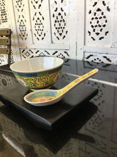 MID 1900s CHINESE JIANGXI JINGDEZHEN YELLOW ENAMEL HAND PAINTED RICE BOWL and SPOON